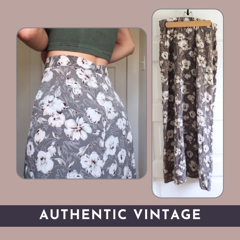 🎥 Vintage ♡ A. Byer ♡ Floral Silky Maxi Skirt (grey & white)